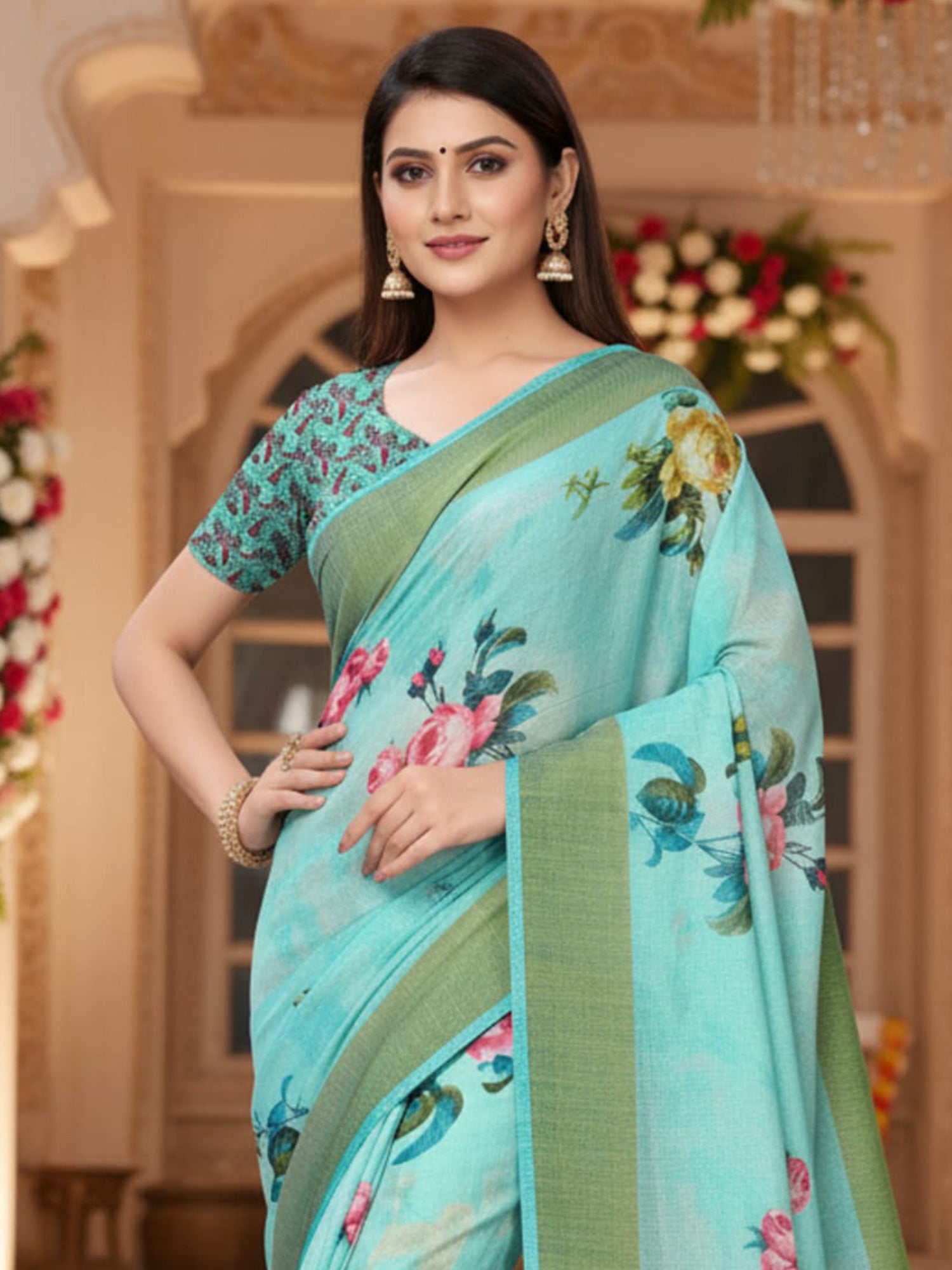 Women's Linen Light Blue Printed DesignerSaree With Blouse Piece
