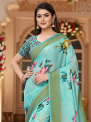 Women's Linen Light Blue Printed DesignerSaree With Blouse Piece