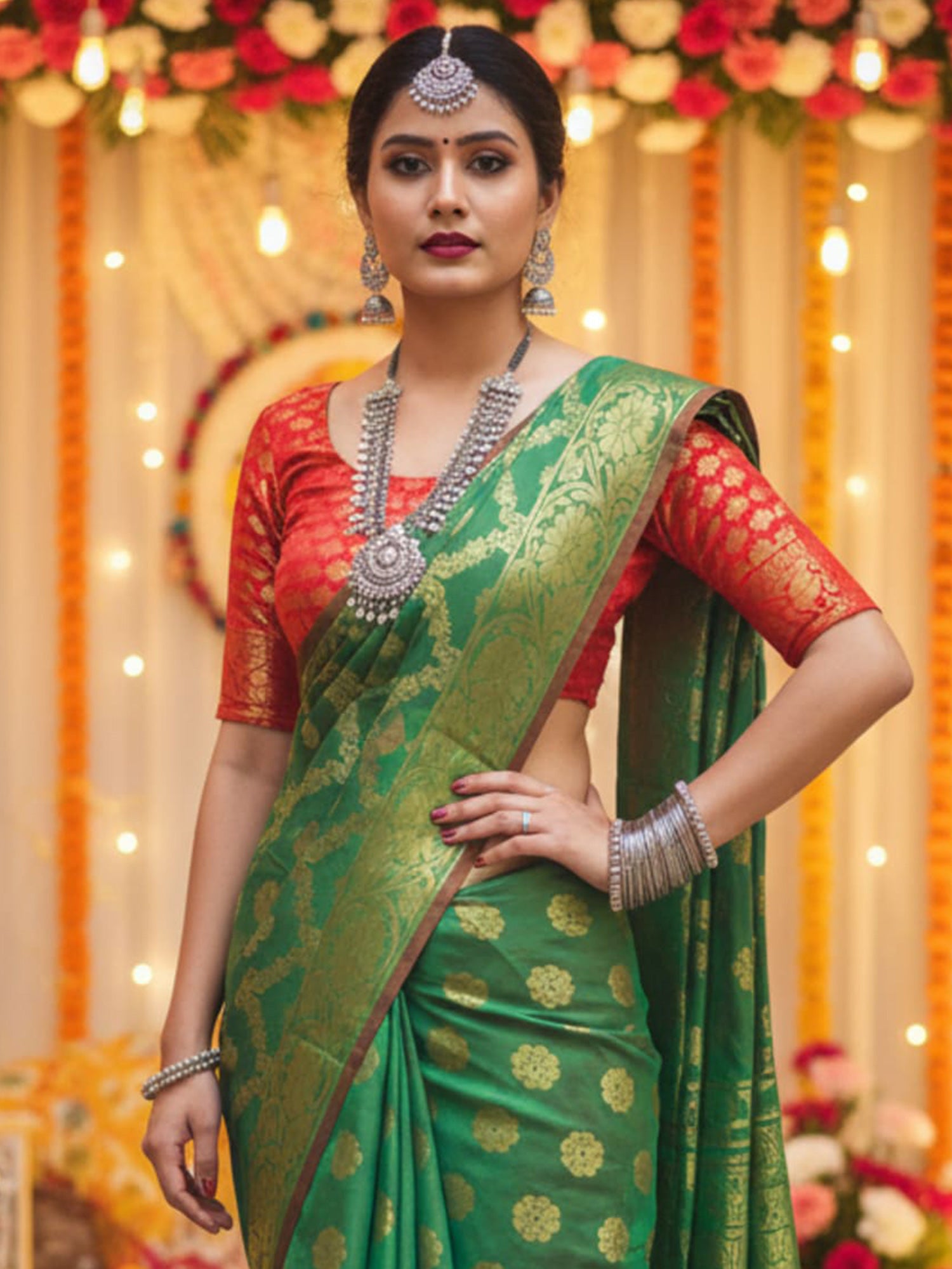 Women's Patola Silk Green Woven Design DesignerSaree With Blouse Piece
