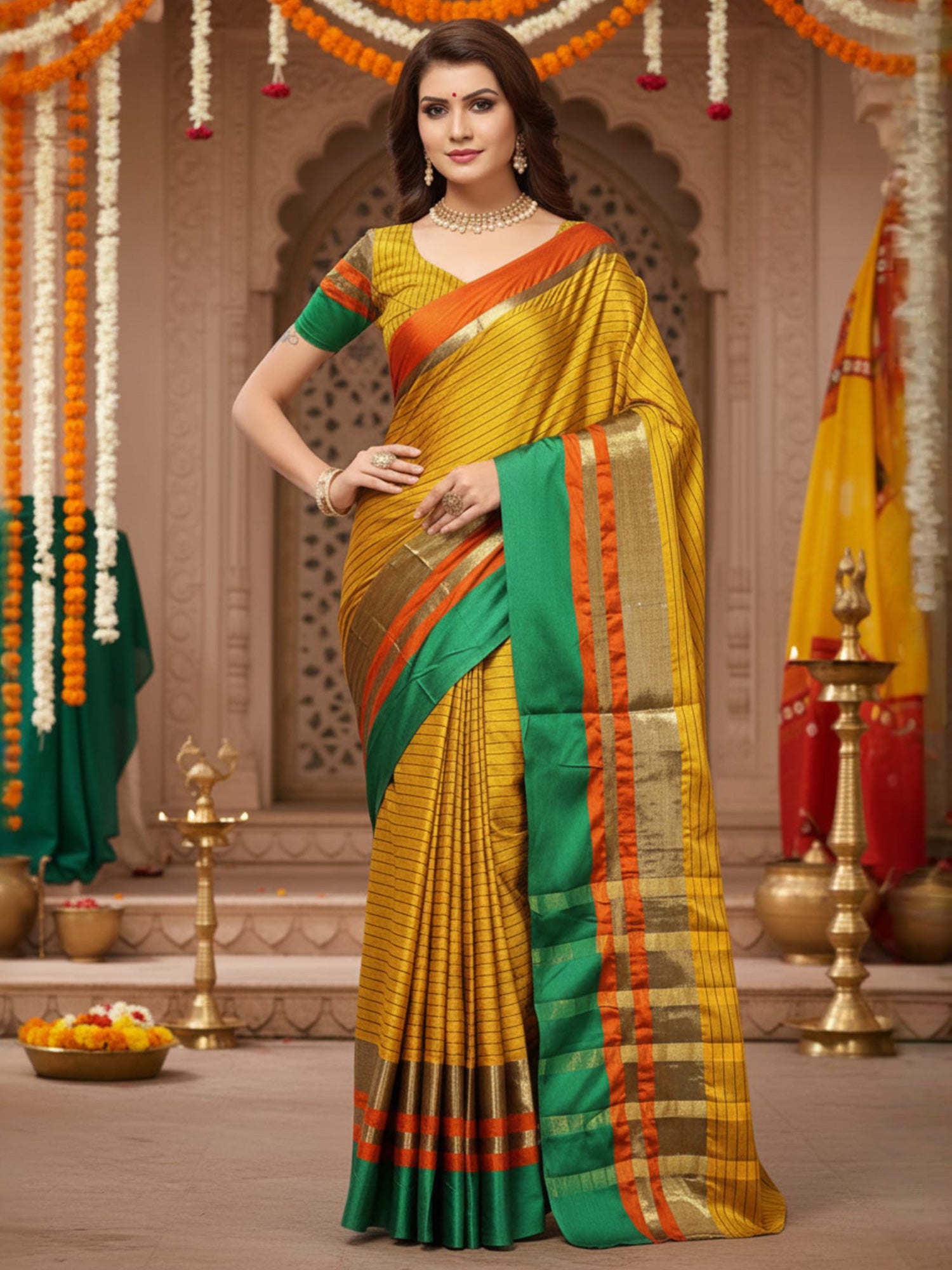 Women's Cotton Silk Mustard Printed DesignerSaree With Blouse Piece