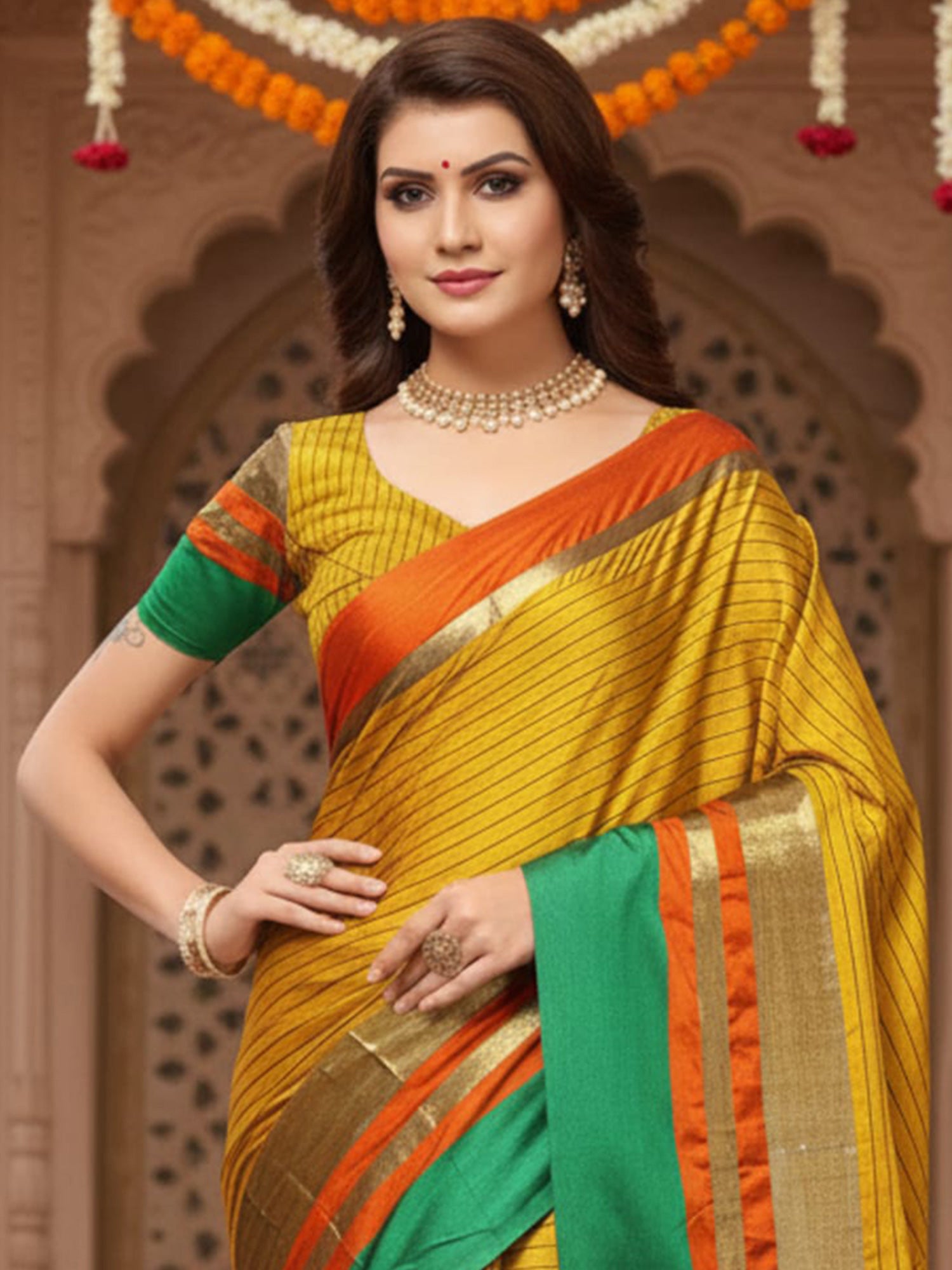 Women's Cotton Silk Mustard Printed DesignerSaree With Blouse Piece