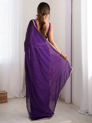 Women's Pure Georgette Purple Embellished Designer Saree With Blouse Piece
