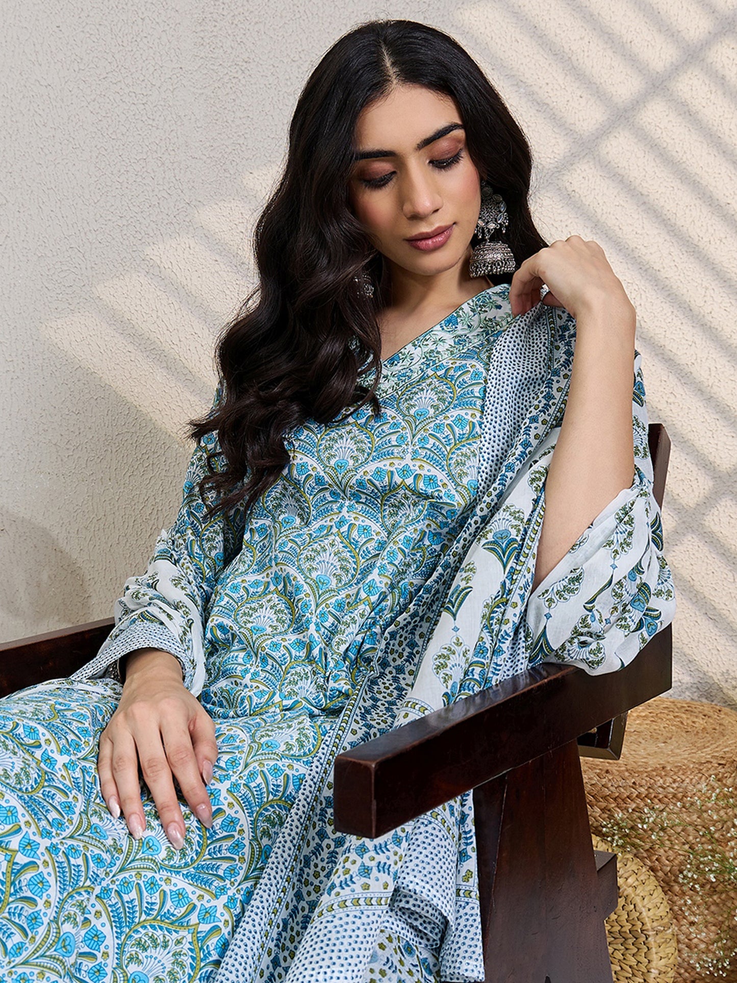 White Printed Straight Kurta Trousers With Dupatta Set