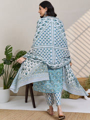 White Printed Straight Kurta Trousers With Dupatta Set