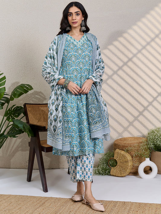 White Printed Straight Kurta Trousers With Dupatta Set