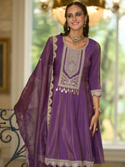 Purple Embroidered A-Line Kurta Trousers With Dupatta set
