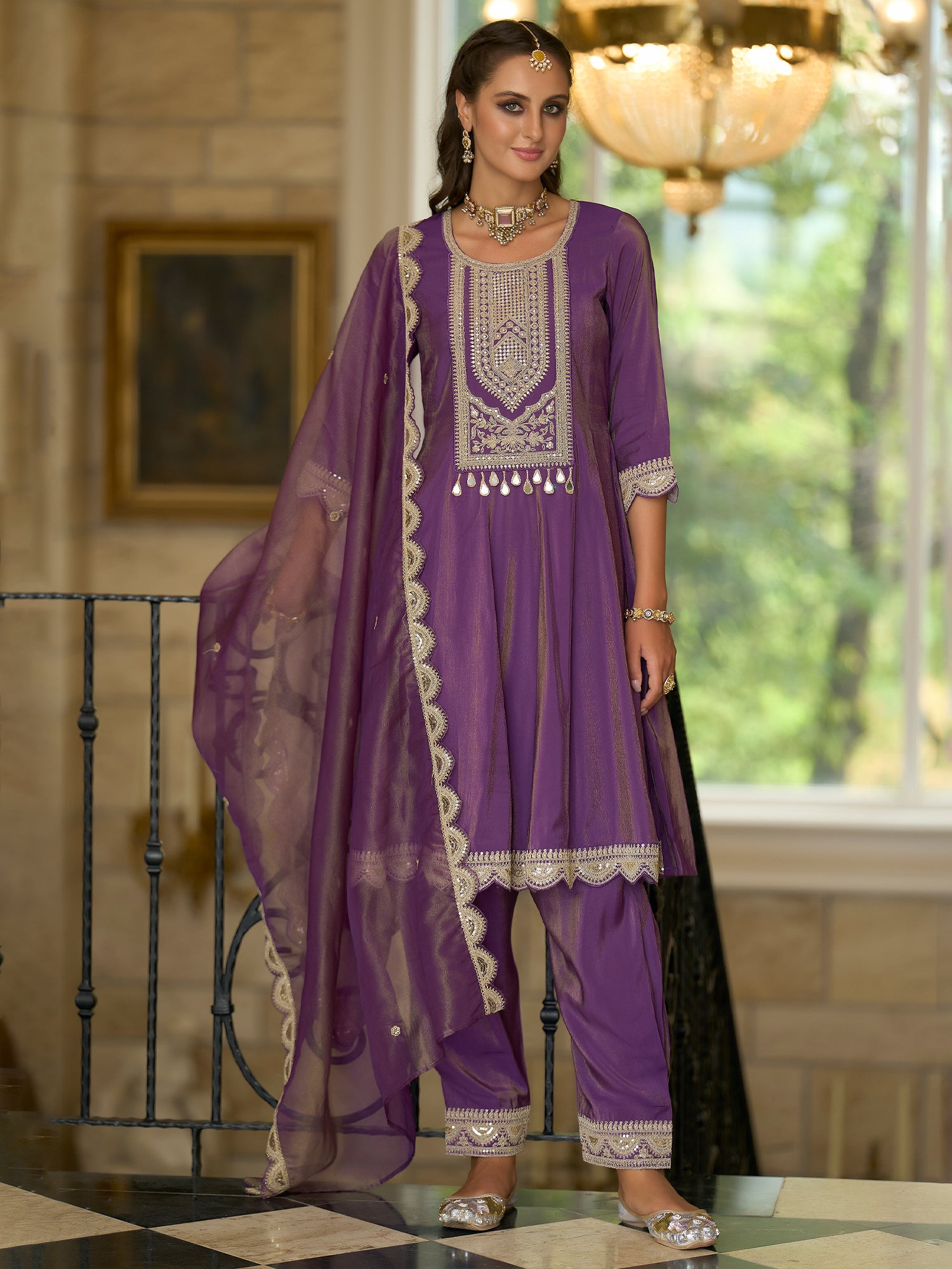 Purple Embroidered A-Line Kurta Trousers With Dupatta set