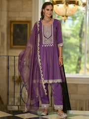 Purple Embroidered A-Line Kurta Trousers With Dupatta set