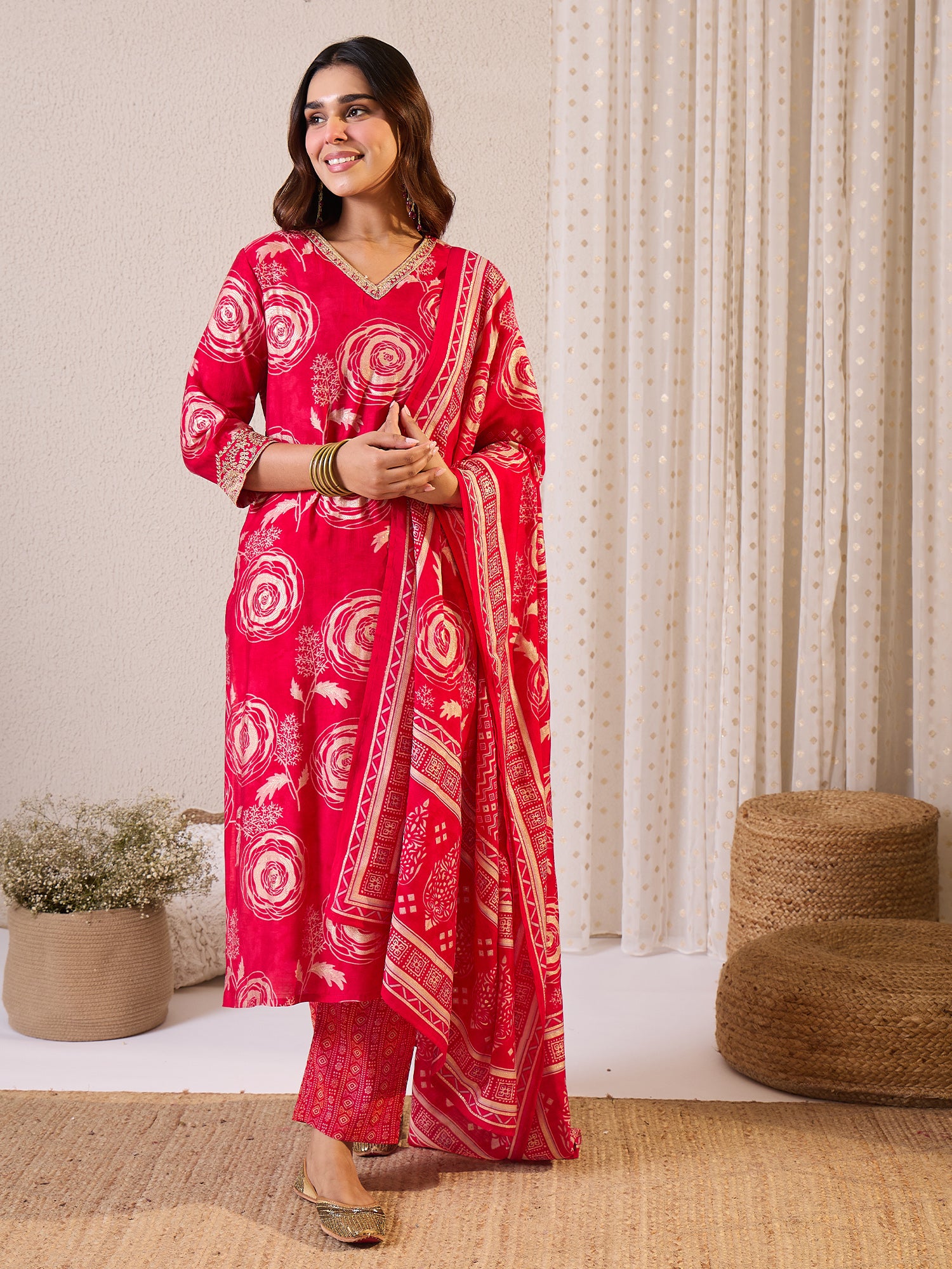 Pink Printed Straight Kurta Trousers With Dupatta Set
