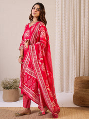 Pink Printed Straight Kurta Trousers With Dupatta Set