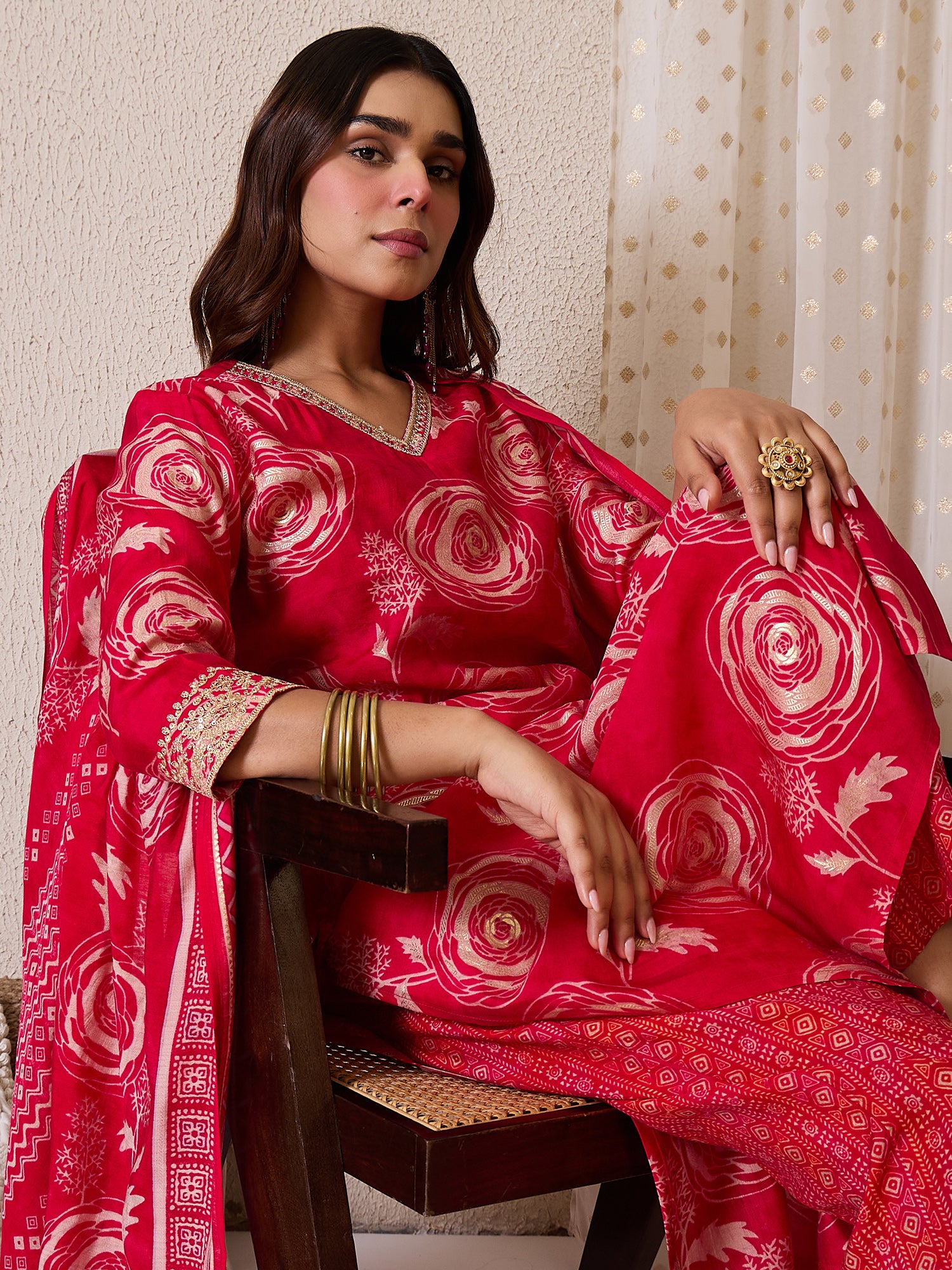 Pink Printed Straight Kurta Trousers With Dupatta Set