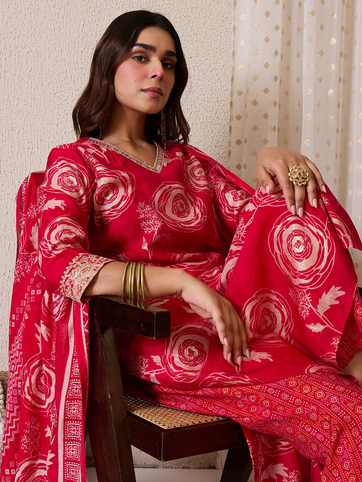 Pink Printed Straight Kurta Trousers With Dupatta Set