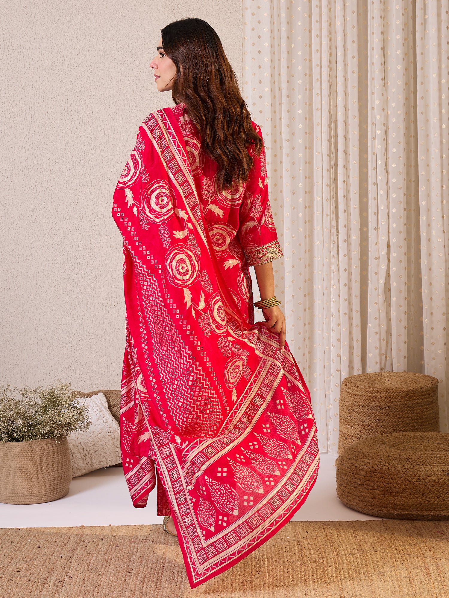 Pink Printed Straight Kurta Trousers With Dupatta Set