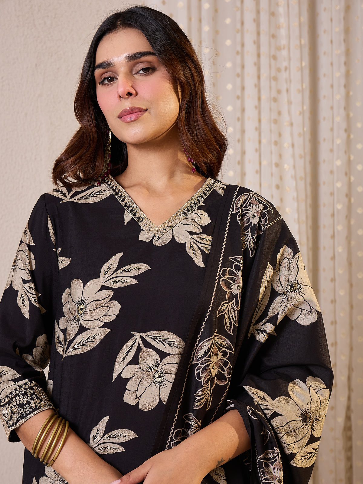 Black Printed Straight Kurta Trousers With Dupatta Set
