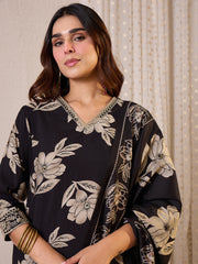 Black Printed Straight Kurta Trousers With Dupatta Set
