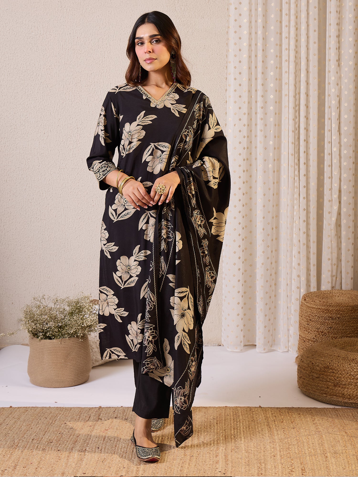 Black Printed Straight Kurta Trousers With Dupatta Set