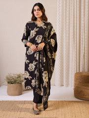 Black Printed Straight Kurta Trousers With Dupatta Set