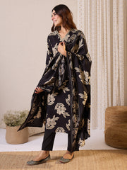 Black Printed Straight Kurta Trousers With Dupatta Set