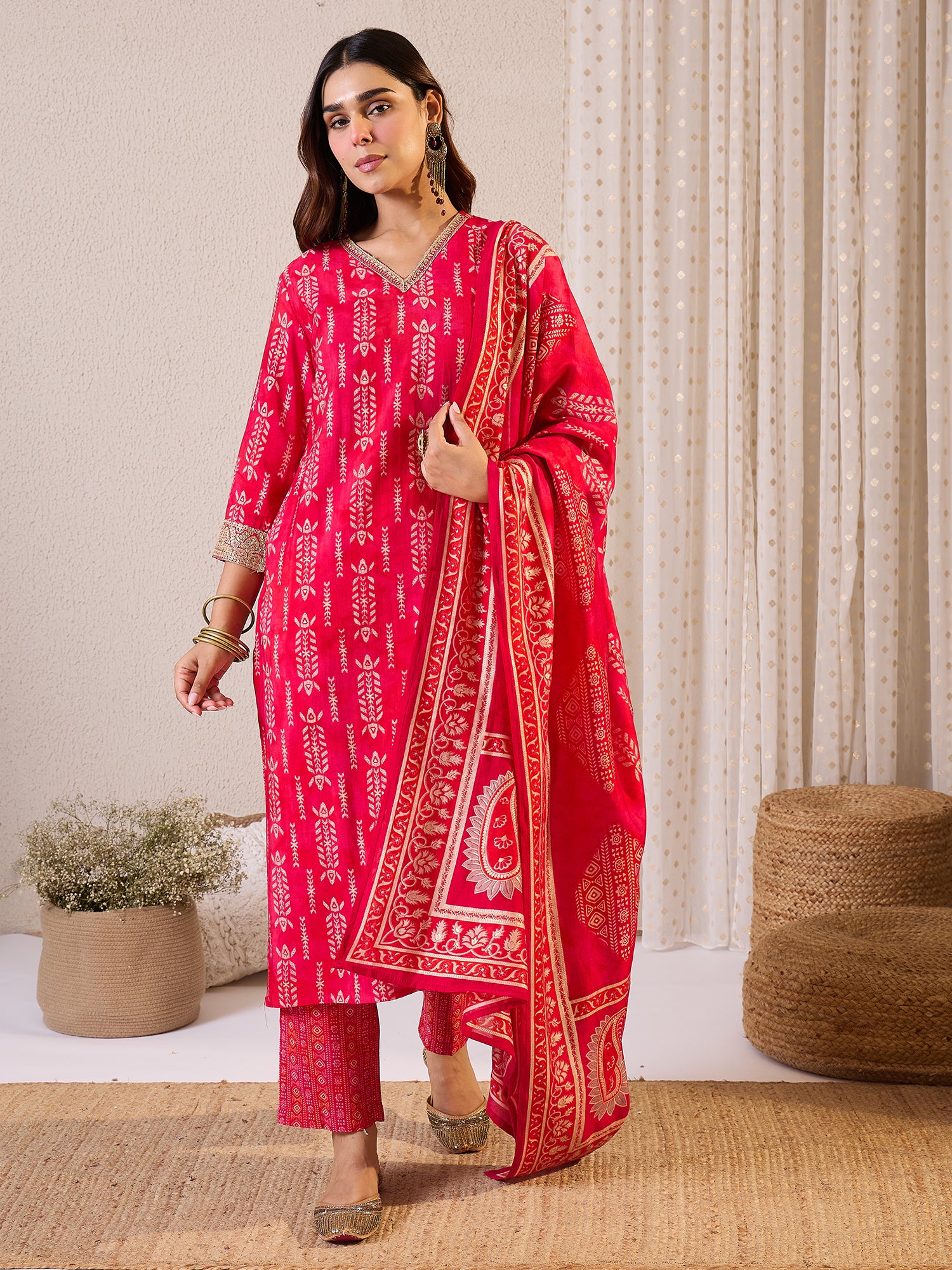 Red Printed Straight Kurta Trousers With Dupatta Set
