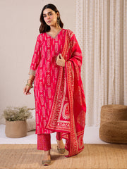 Red Printed Straight Kurta Trousers With Dupatta Set