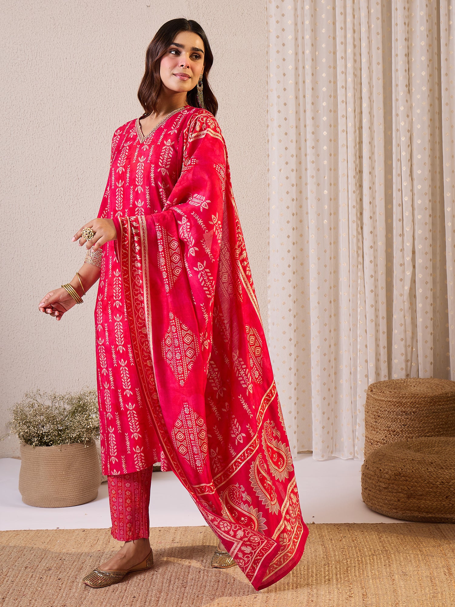 Red Printed Straight Kurta Trousers With Dupatta Set