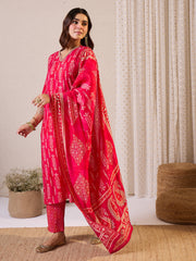 Red Printed Straight Kurta Trousers With Dupatta Set
