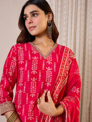 Red Printed Straight Kurta Trousers With Dupatta Set