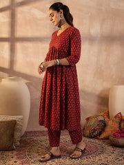 Indo Era Rust Printed A-Line Kurta Trousers set