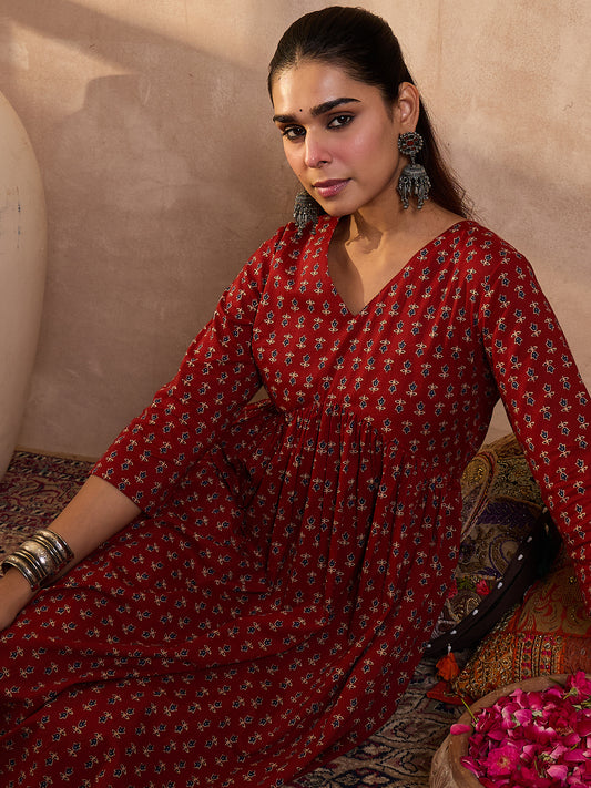 Indo Era Rust Printed A-Line Kurta Trousers set