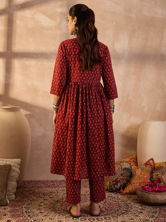 Indo Era Rust Printed A-Line Kurta Trousers set