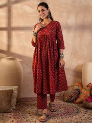 Indo Era Rust Printed A-Line Kurta Trousers set