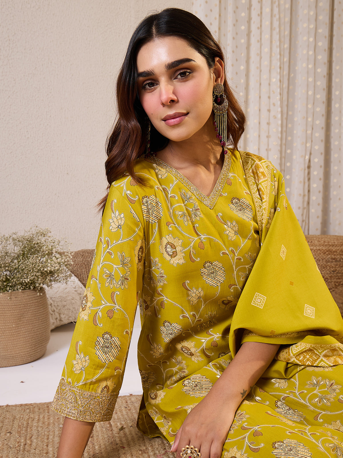 Olive Printed Straight Kurta Trousers With Dupatta Set