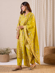 Olive Printed Straight Kurta Trousers With Dupatta Set