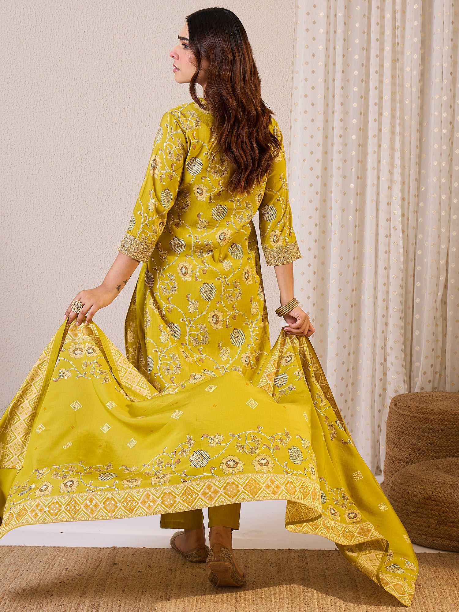 Olive Printed Straight Kurta Trousers With Dupatta Set