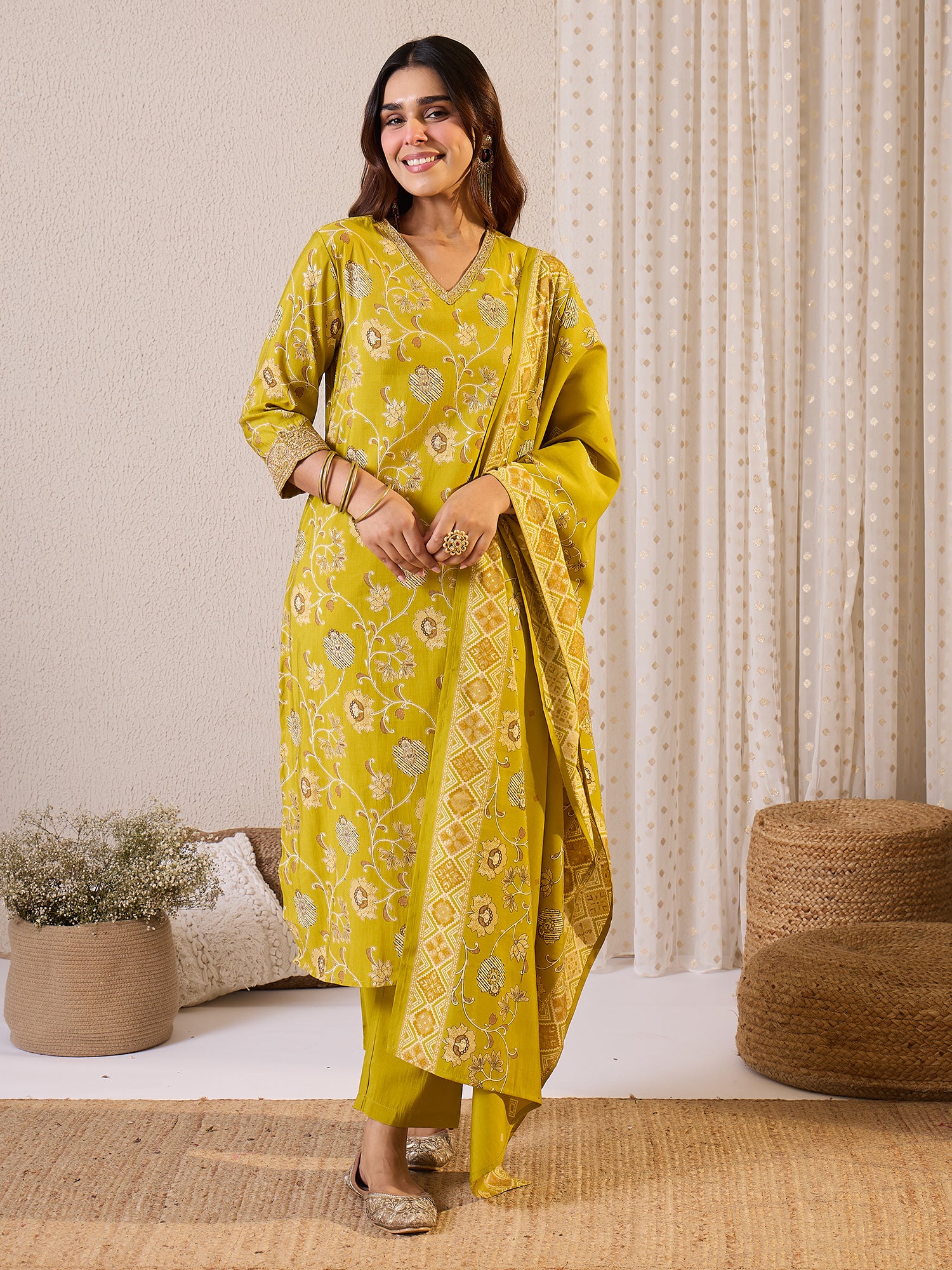 Olive Printed Straight Kurta Trousers With Dupatta Set