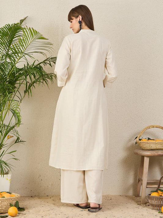 Indo Era White Embroidered A-Line Kurta Palazzos Set
