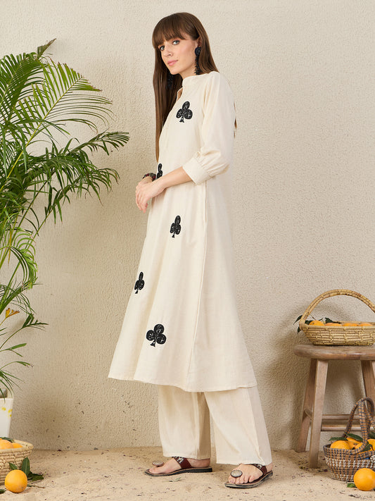 Indo Era White Embroidered A-Line Kurta Palazzos Set