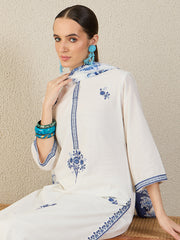 White Embroidered Straight Kurta Trousers With Dupatta Set