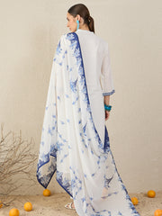 White Embroidered Straight Kurta Trousers With Dupatta Set