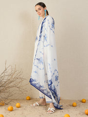 White Embroidered Straight Kurta Trousers With Dupatta Set