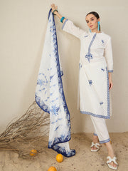 White Embroidered Straight Kurta Trousers With Dupatta Set