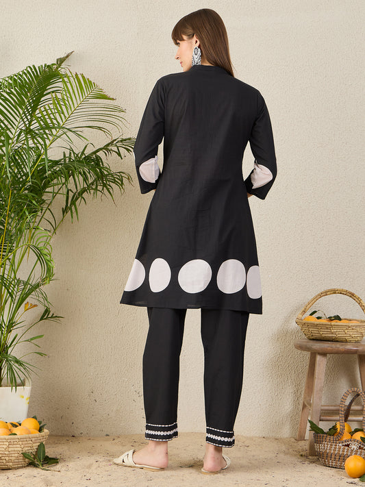 Indo Era Black Printed A-Line Kurta Trousers NA Set