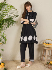 Indo Era Black Printed A-Line Kurta Trousers NA Set