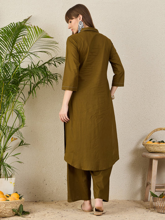 Indo Era Olive Self Design Straight Kurta Palazzos Set