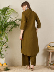 Indo Era Olive Self Design Straight Kurta Palazzos Set