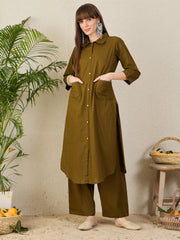 Indo Era Olive Self Design Straight Kurta Palazzos Set