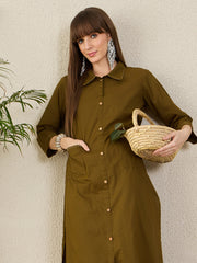 Indo Era Olive Self Design Straight Kurta Palazzos Set