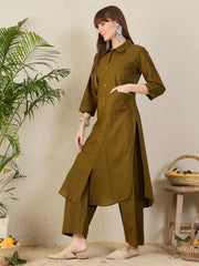 Indo Era Olive Self Design Straight Kurta Palazzos Set