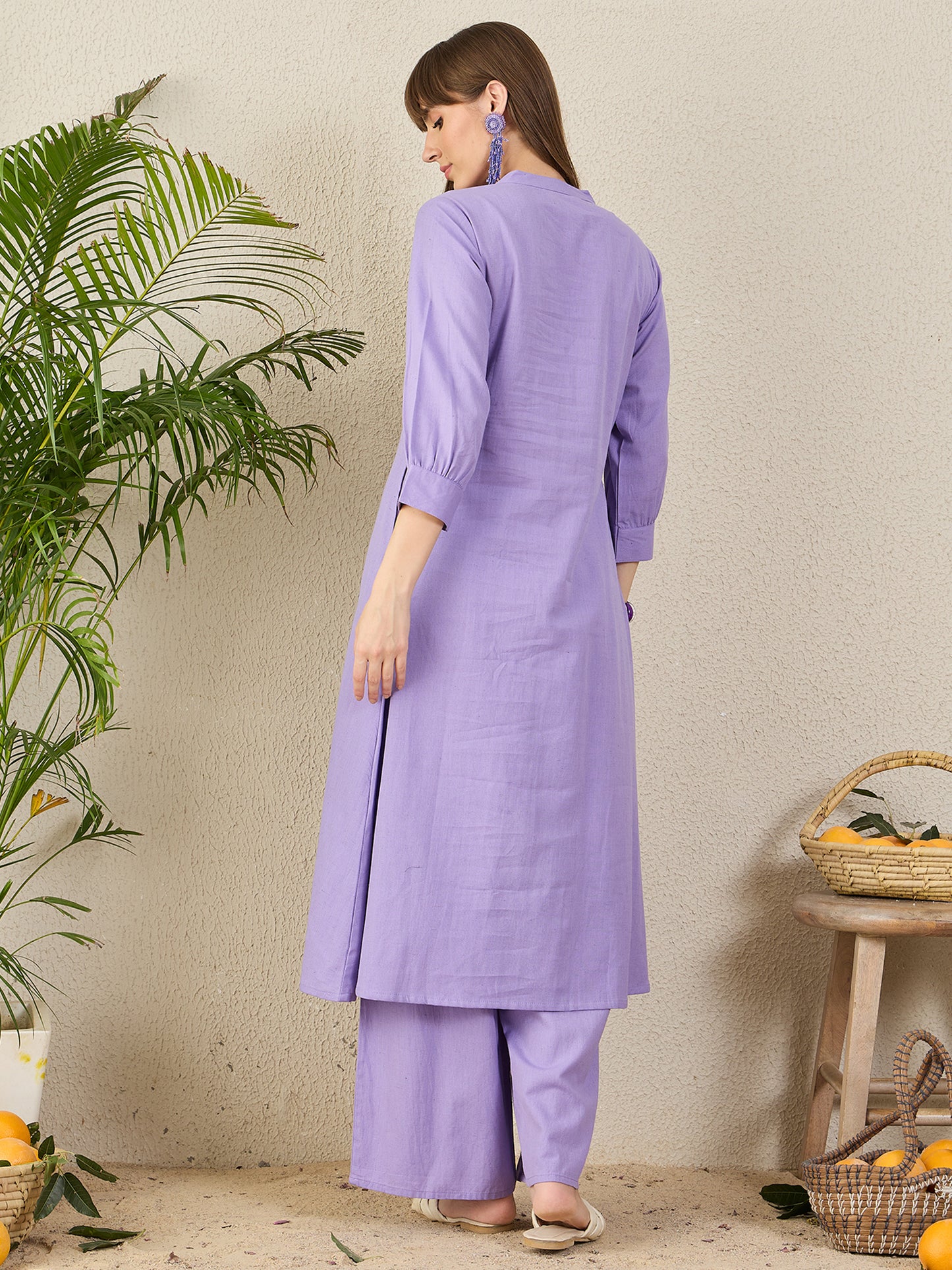 Purple Embroidered A-Line Kurta Palazzos Set