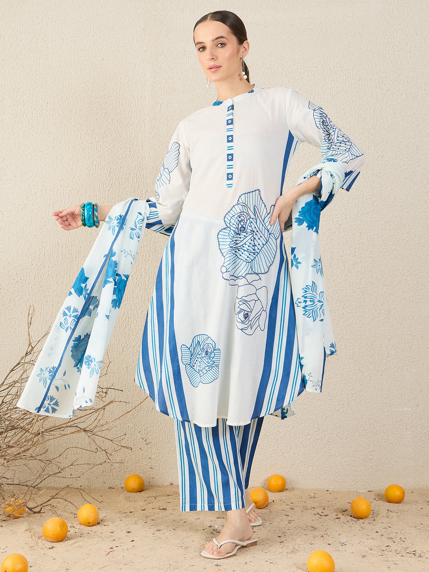 White Printed A-Line Kurta Trousers With Dupatta Set